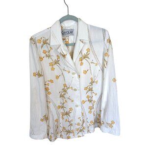 Caycilar Secret Womens Floral Top Button Up Medium White Cotton Sheer